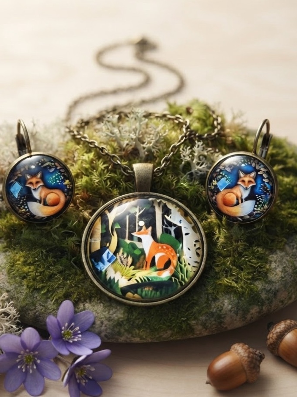 Fox Forest Necklace and Earrings Set - Orange, Blue, Green